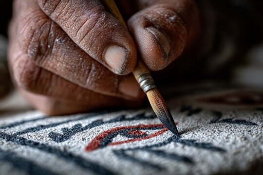 Close-up of skilled hands painting ancient egyptian hieroglyphs on papyrus