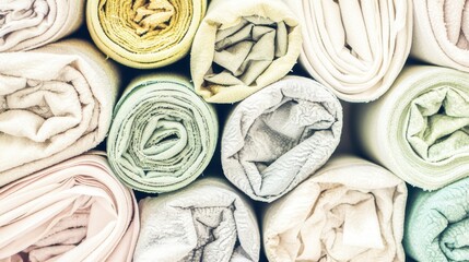 Colorful, neatly rolled towels in different shades create a calming, organized display.