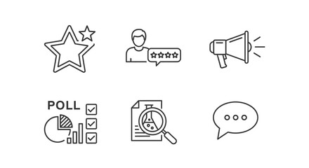 Collection of line icons related to feedback, rating, review, and marketing analysis.