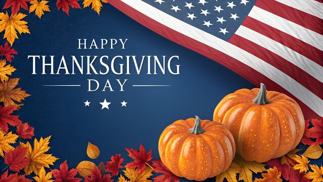 Happy thanksgiving day with pumpkins and american flag