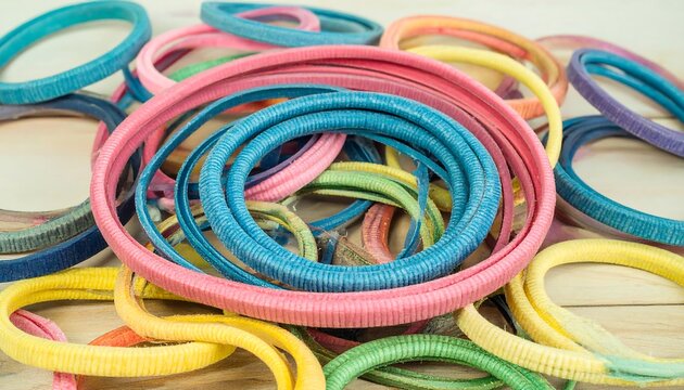 Colorful rings clustered on a light surface - Powered by Adobe