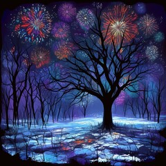 A serene winter scene featuring a solitary tree beneath a vibrant display of fireworks in a dark night sky.
