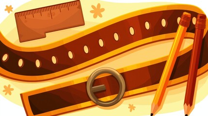 Artistic arrangement of a ruler, belt, and pencils on a warm yellow background, showcasing creativity and craft.