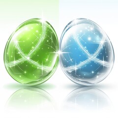 Two sparkling, colorful egg-shaped designs in green and blue, radiating light and energy.
