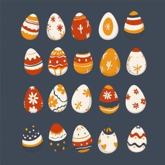 Colorful decorative Easter eggs featuring various patterns in warm tones on a dark background.