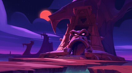 Mysterious fantasy landscape featuring an ancient tower beneath a vibrant sunset.