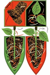An artistic illustration featuring vibrant green leaves with an abstract design of soil and roots, evoking growth and nature.