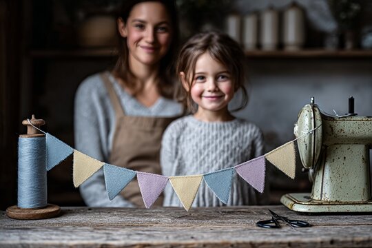 Caucasian female child with adult crafting handmade bunting in rustic workshop