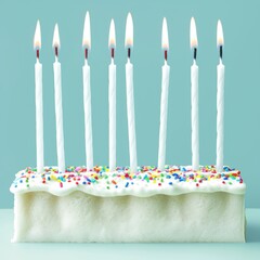 A rectangular birthday cake topped with colorful sprinkles and lit candles against a mint green backdrop.