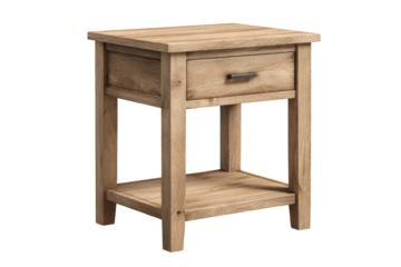 Light-brown wooden bedside table with single drawer and shelf
