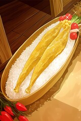 Artistic depiction of a golden fish platter served on a bed of rice, garnished with fresh vegetables.