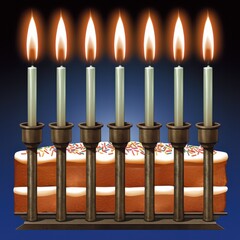 A beautifully lit menorah with colorful candles and a cake adorned with sprinkles, celebrating joy and tradition.