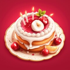 A beautifully decorated cake topped with fruit, candles, and cream, set against a vibrant red backdrop.