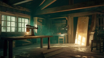 A vintage sewing machine in a rustic cabin, illuminated by soft sunlight filtering through the windows.