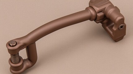 Close-up of a brown mechanical lever on a neutral background, showcasing its design and craftsmanship.