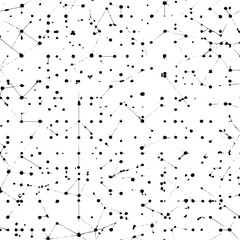 A network of black dots connected by lines scattered across a white background creating a complex pattern