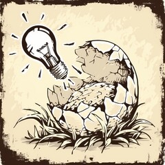 A light bulb emerging from a cracked egg, symbolizing new ideas and creativity.