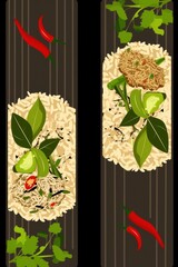 Vibrant illustration of rice and spices featuring fresh vegetables and herbs, embodying a rich culinary experience.