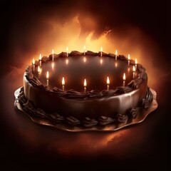 A delicious chocolate cake adorned with glowing candles, radiating warmth and celebration against a dark backdrop.