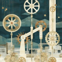 An abstract illustration featuring industrial gears and machinery elements in a muted color palette.