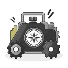 A sleek, stylized black camera with gears and a compass design, symbolizing creativity and exploration.