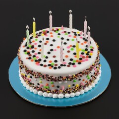 A delightful birthday cake with colorful sprinkles and candles on a blue board, perfect for celebrating a special occasion.