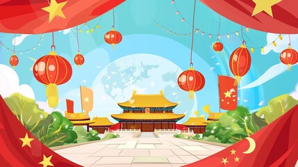 National Day cartoon background images bring a cheerful, playful touch to holiday celebrations, combining bold reds, bright golds, and vivid blues with adorable cartoon characters waving flags, marchi
