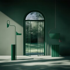 A serene modern interior showcasing green architectural elements with soft light and an open door revealing nature outside.