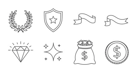 Collection of line art icons related to awards, wealth, and success.