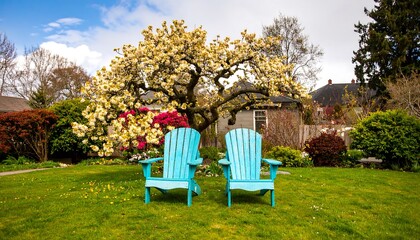 Two teal Adirondack chairs beneath a flowering tree