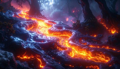 Fototapeta premium Molten lava flows through a mystical, dark forest, glowing with vibrant colors.