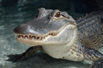 Obraz premium Alligator relaxing in clear water at a wildlife exhibit during the afternoon sunlight