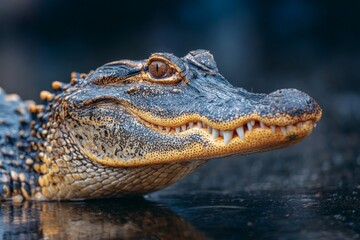 Obraz premium Close-up of a crocodile with detailed scales and sharp teeth in its natural habitat during daylight hours