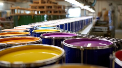 A row of colorful paint cans on a conveyor belt