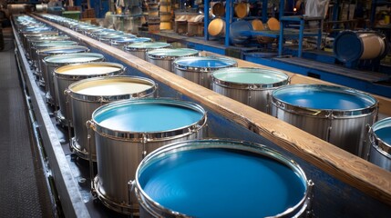 A row of blue drums are lined up on a conveyor belt