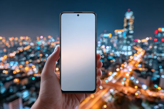 Urban nightlife captured on smartphone with city skyline and colorful lights at dusk