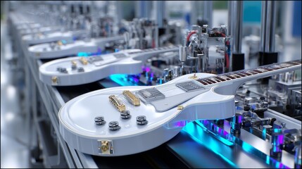 A white guitar is being manufactured on a conveyor belt