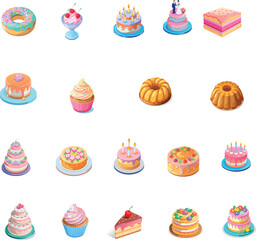 Set of Isometric 3D Cakes, Donuts, and Dessert Icons