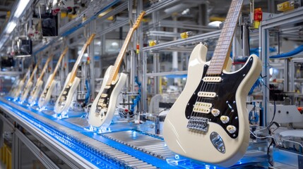 A row of guitars are on a conveyor belt in a factory
