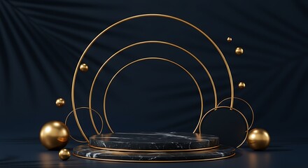 Elegant Black Marble Podium with Gold Arches and Spheres for Product Display