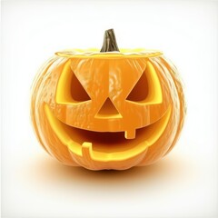 A cheerful carved pumpkin with a classic jack-o'-lantern face, showcasing vibrant orange hues and a playful expression.