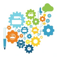 Colorful gears and icons symbolizing collaboration and innovation in technology and business.