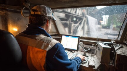 A man is sitting in a vehicle with a laptop in front of him