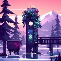 A vibrant, stylized landscape featuring a tower adorned with greenery at sunset in a tranquil, mystical setting.