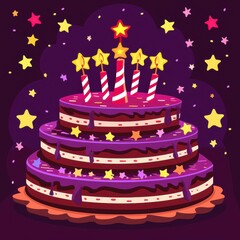 A vibrant, three-tiered birthday cake adorned with colorful stars and candles, celebrating a joyful occasion.
