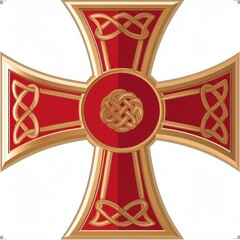 A striking red and gold decorative cross featuring intricate knotwork design.
