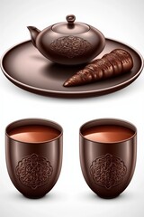 Elegant brown ceramic teapot with two matching cups and a decorative plate featuring a chocolate pastry.