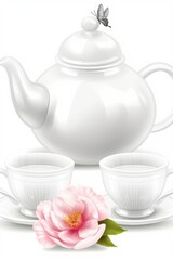 A delicate white teapot with two cups and a pink flower, exuding elegance and tranquility.
