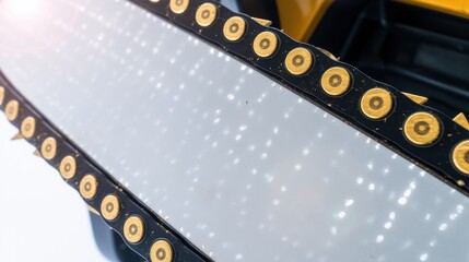 Close-up of a detailed chainsaw blade showcasing the sharp, spinning teeth and intricate design against a vibrant background.
