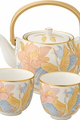 Elegant ceramic tea set featuring intricate floral and bird designs with a gold handle and trim for a luxurious tea experience.
